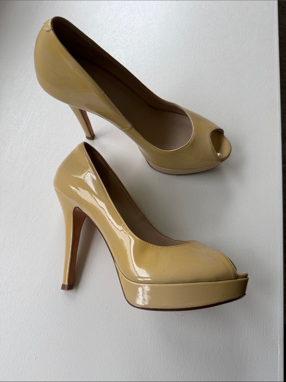 Cole Haan Glossy Yellow Patent Peep-Toe Platform Pumps 3.5” plus 1” platform